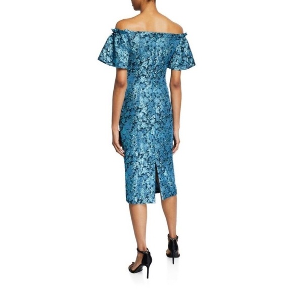 Theia Metallic Tissue Faille Off-Shoulder Flare-Sleeve Cocktail Dress sz Small - Picture 2 of 7